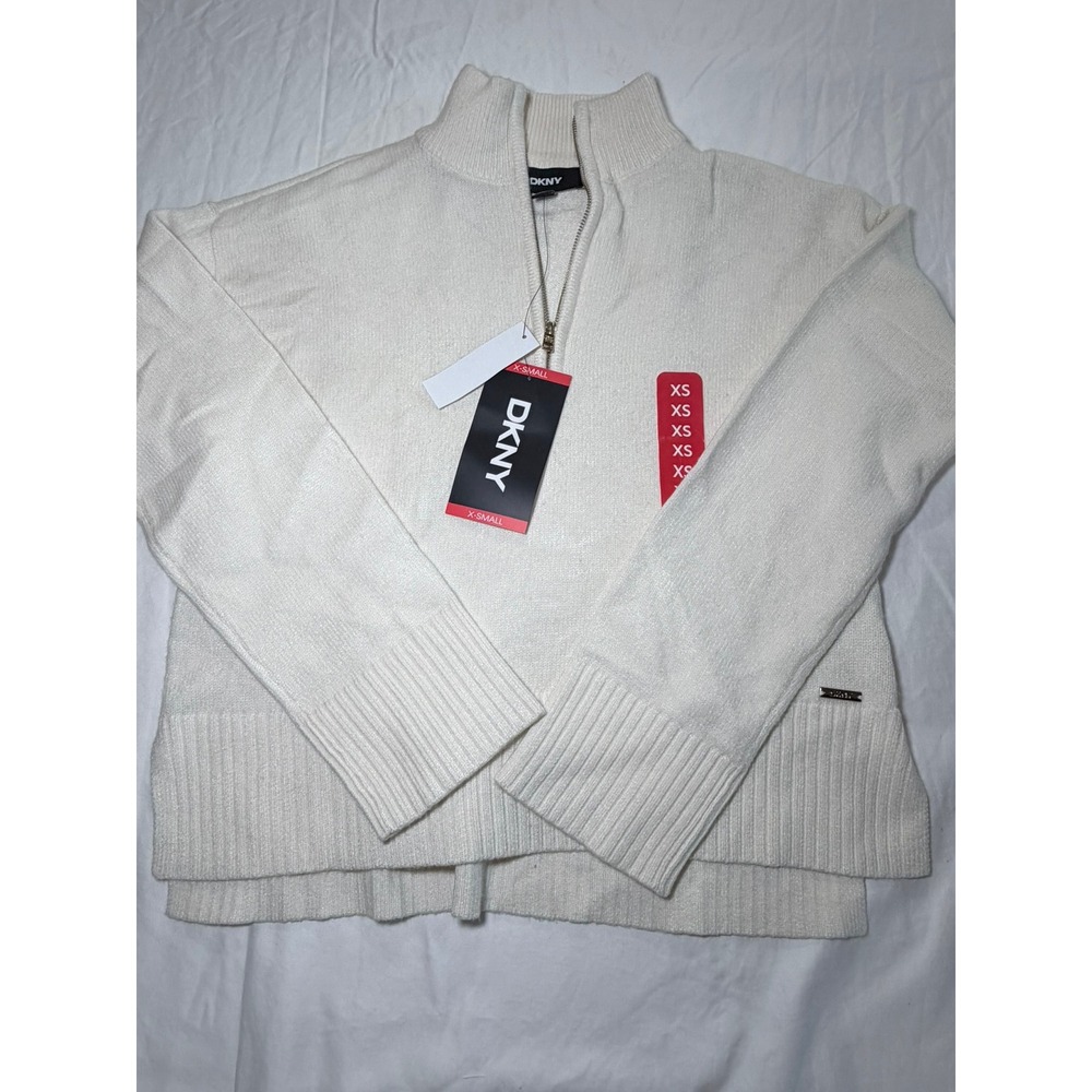 DKNY Womens Quarter Zip Sweater Cream Off White Mock Neck Ribbed Knit XS NEW